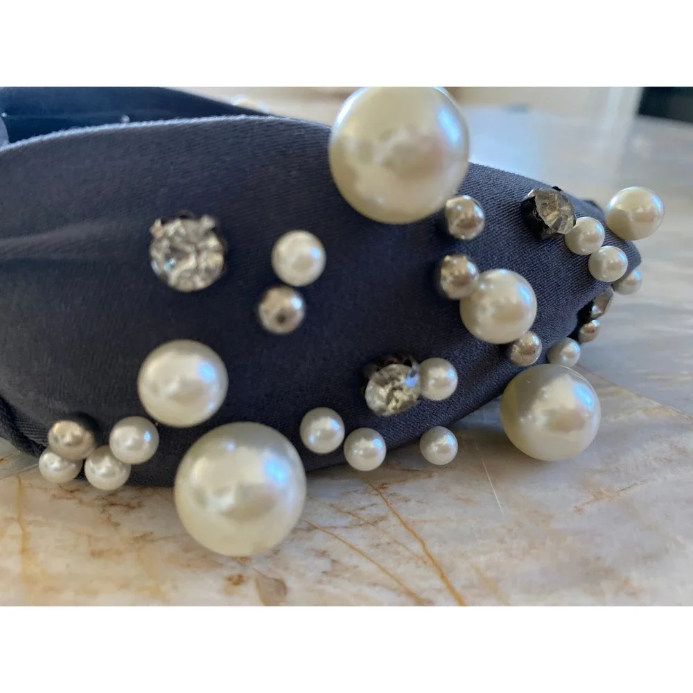 Charcoal Gray Knotted Headband with Faux Pearls Crystals and AB Rhinestones